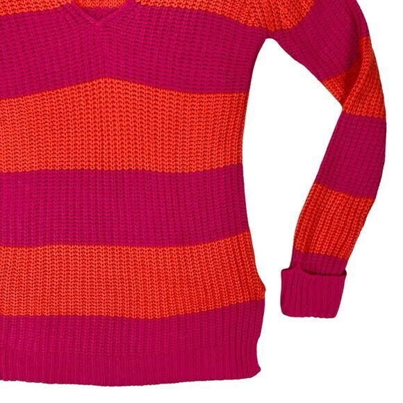 Derek Heart Sweater Womens M Pink Orange Striped Vibrant Chunky Knit Cozy Winter - Picture 6 of 16